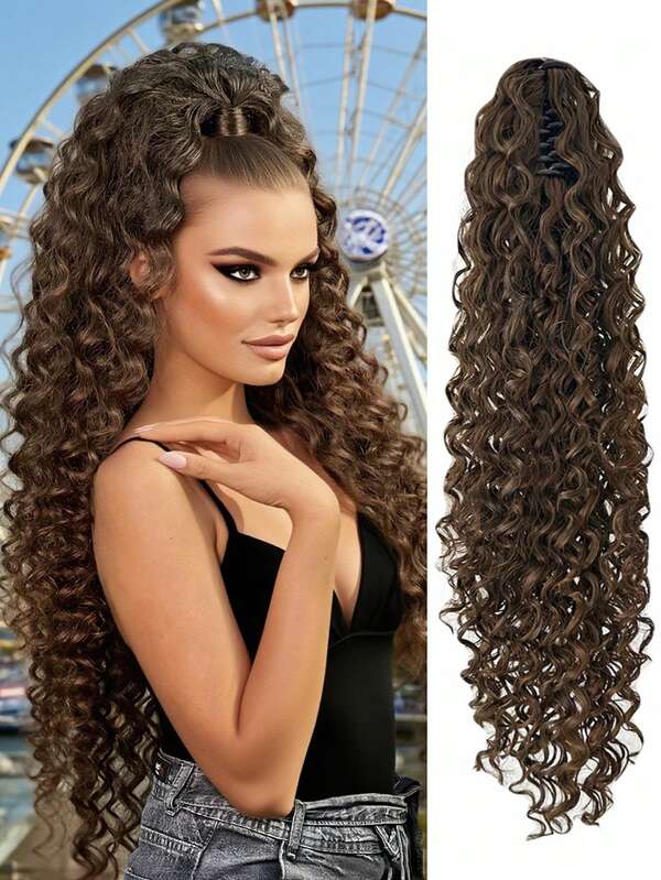 24 Inch Dark Brown Deep Wavy Clip-In Ponytail Wig - Heat Resistant Synthetic Fiber, Natural Curly Hair Styling Accessories For Women, Great For Daily Use And Halloween And Various Parties, Daily Hair Style Accessories Voluptuous Curls Heat Resistant Fiber, Hair Accessories