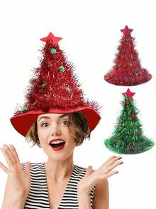 قبعة عيد الميلاد من القماش غير المنسوج اللامع بشكل شجرة عيد الميلاد الخضراء وسانتا كلوز، مناسبة للنساء والبالغين في حفلات عيد الميلاد، إكسسوارات زي العطلات المنزلية - متعدد الألوان - مشاهدة 11