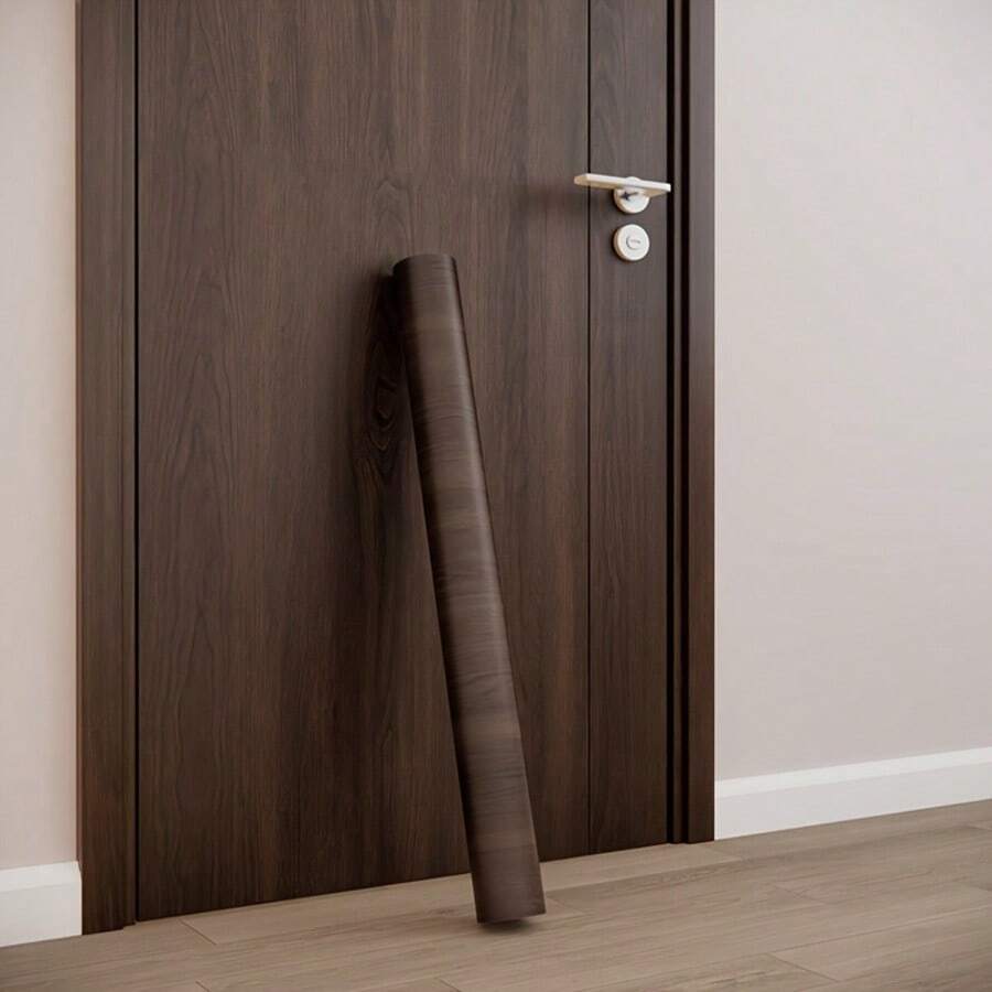 1 Roll Brown Faux Wood Grain Self-Adhesive Wallpaper, Thicker Material, Room Door Sticker, Decorative Door Wall Paper, Waterproof Oil-Proof Removable Wallpaper, Peel And Stick, Customizable, Suitable For Living Room, Kitchen, Bedroom, Home, Dorm Furniture Decor - Redwood - View 1