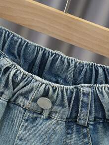 Tween Girls' Casual Fashion Street Style Elastic Waist Bow Decor Contrast Lace Pleated Denim Mini Skirt, Summer - Blue - View 3