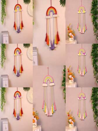 1pc Bohemian Handmade Woven Rainbow Wall Hanging Decor, Indoor Photo Clip Tassel Wall Art For Bedroom