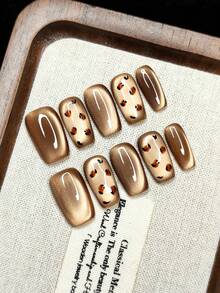 10片手工可佩戴美甲贴纸，按压式假指甲，圣诞节和万圣节礼物，猫眼渐变色，手绘豹纹，时尚高端，可重复使用，女孩必备礼物 - 棕色 - 查看 2