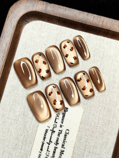 10片手工可佩戴美甲贴纸，按压式假指甲，圣诞节和万圣节礼物，猫眼渐变色，手绘豹纹，时尚高端，可重复使用，女孩必备礼物