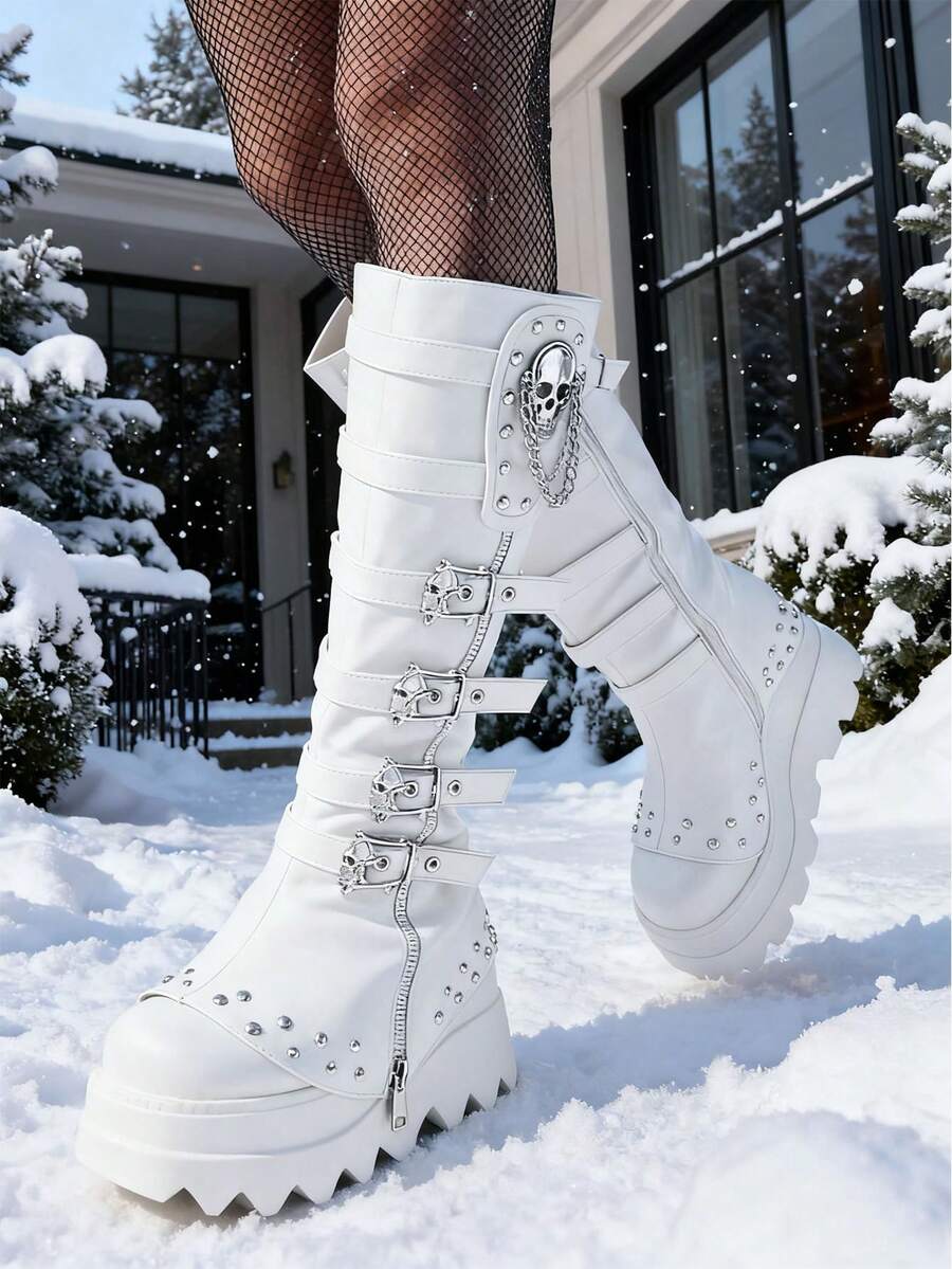 Women Wedge Punk Mid Calf Boots Ladies Shoes Platform Knee High Goth Boots With Chain Zipper Buckle Decor Chunky Heel Combat Boots Winter Outdoor Footwear - trắng - Xem 1