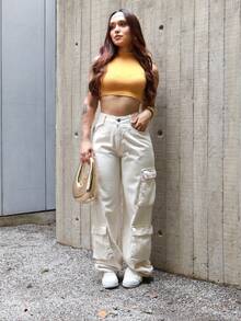 Women's Cargo Jeans With Side Pockets 4-Pocket Pants - 香檳色 - 查看 3