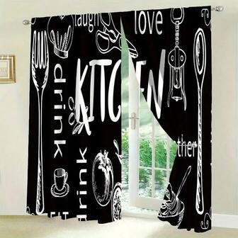 2pcs High Definition Digital Letter Print Decorative Curtains, Made Of Polyester, Semi-Transparent For Privacy Protection, Fade-Resistant, Hand/Machine Washable, Curtain Rod Pocket, Suitable For Bedroom And Living Room Decor
