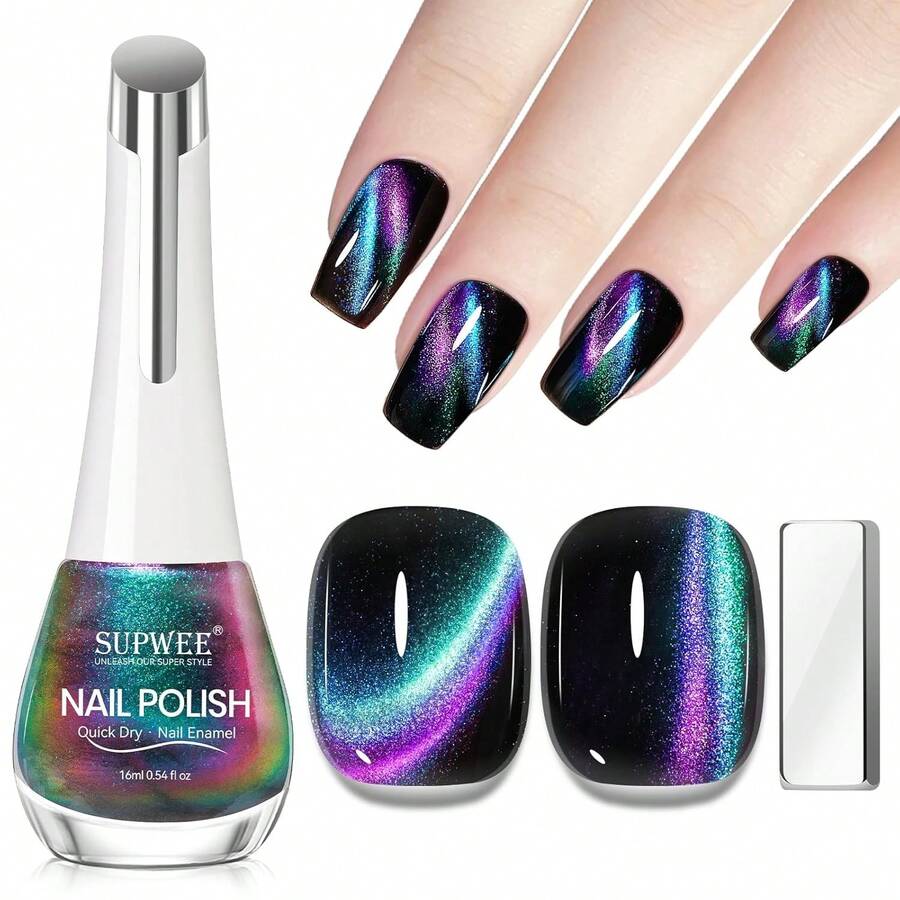 Esmalte de uñas de ojo de gato, no gel con imán, secado rápido, esmalte de uñas magnético para uñas de secado al aire, esmalte rápido, regalo de manicura para mujeres y niñas, 0.54 onzas - Aurora Silver-Sin gel - Ver 1