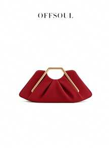Vintage Asymmetrical Ruffle Cloud Clutch Bag, Unique Metal Hardware Handbag, High-End Retro Party Evening Bag - Red - View 3