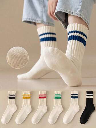 6 Pairs/3 Pairs Multi-Color Mid-Calf Socks | Unisex Sports Socks Suitable For Matching | Thick Striped Crew Socks | Beige Solid & Striped Versatile Socks | Suitable For Travel, Sports, Home Wear | Also Great For Holiday, Birthday Party Gifts | Please Note: Fits Up To 26cm Foot Size | Slight Color Difference Due To Lighting In Photos