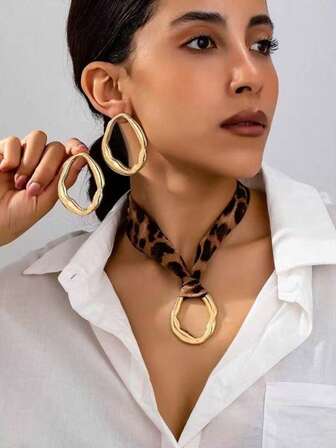 3件套新款豹纹几何耳环和项链套装