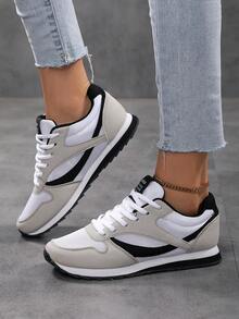 2025 秋季女款复古圆头系带舒适平底运动鞋，休闲透气，适合日常穿着、跑步、纯色运动鞋 - 黑與白 - 查看 16