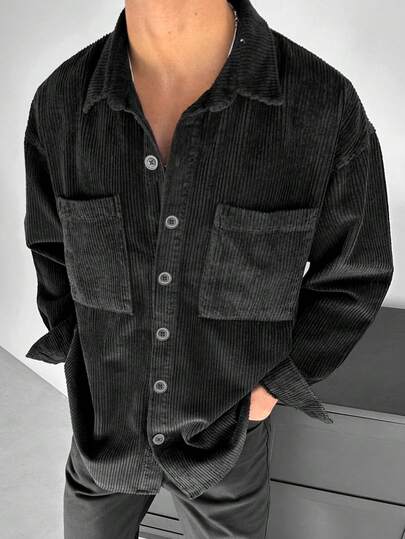 Men Long Sleeve Corduroy Old Money Shacket, Fall