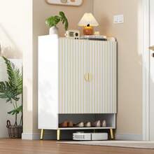 Zapatero moderno de dos puertas, organizador de almacenamiento para armario de vestíbulo, zapatero de MDF, zapatero de 3 niveles blanco, cajón inferior abierto, 75 x 35 x 110 cm, capacidad de carga: 20 kg. - Blanco - Ver 8