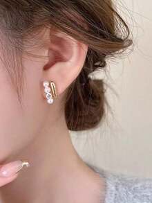 1 Pair Fashion Faux Pearl & Rhinestone Double Row Clip-On Earrings, Elegant Personalized Mosquito Coil Clip Earrings For Women, Suitable For Daily Wear And Holiday Gifts - Ear Clip - View 3