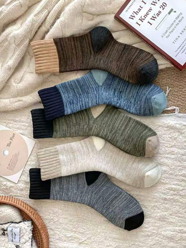 5 paia di calze a mezza gamba da uomo in morbida lana mista, con motivo a blocchi di colore retrò, versatili per l'autunno/inverno