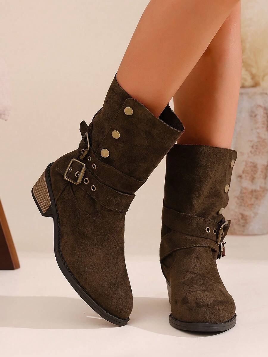 2025 Nuevas botas cortas de tacón grueso y punta afilada para mujer, de estilo occidental vaquero, con diseño plegable, de mediados de pantorrilla y medianos tacones, suela y tacón gruesos con decoración de hebilla, para otoño/invierno, tallas grandes