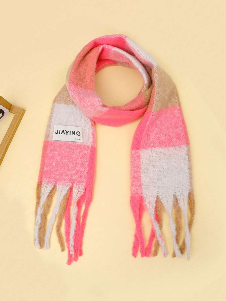 1pc Kids Thick Soft Warm Plaid Tassel Scarf, Boys Girls Cold-Proof Neck Warmer, Suitable For Daily Use - Pink - View 1