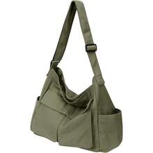 Canvas Messenger Bag Hobo Shoulder Bag Crossbody Bag With Multiple Pockets Large Tote Bag Handbag For Women Men - 軍綠色 - 查看 2