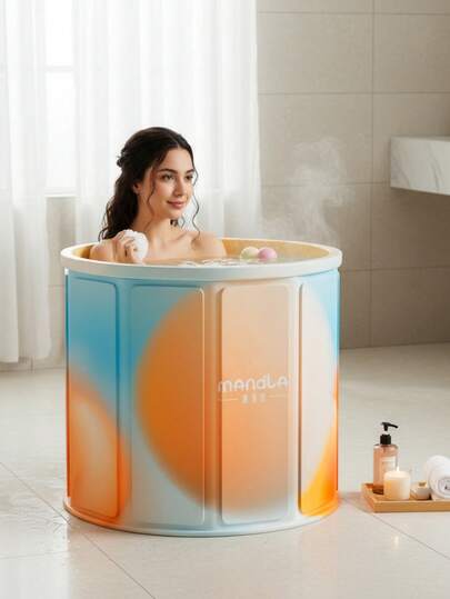 1pc Best-Selling Folding Bathtub, Bathing Bucket, Easy Fold-Up Standalone Bathtub - Rapid Installation, Insulation Wood Board Design, For Bathroom, Hotel, Hot Water Bathing, Cold Water Bathing, Convenient Storage Bathroom Decor Summer Back To School