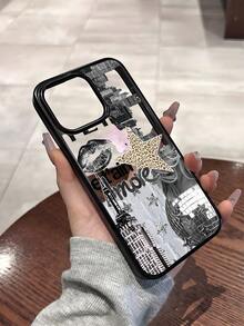 1pc Minimalist Acrylic Phone Case With Lip & Star Print Pattern, Compatible With IPhone 17 Pro Max/17 Pro/17/16 Pro Max/16/16 Pro/16 Plus/15/15 Pro Max/15 Pro/15 Plus/11/12/13/14 Pro Max/11 Pro/11 Pro Max/12 Pro/12 Pro Max/13 Pro/13 Pro Max/14 Pro/14 Pro Max/14 Plus Soft Case - Black - View 2