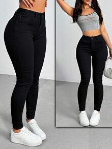 Pantalones vaqueros ajustados de tiro alto color negro, tejido suave y elástico, estilo casual y versátil - Negro - Ver 1