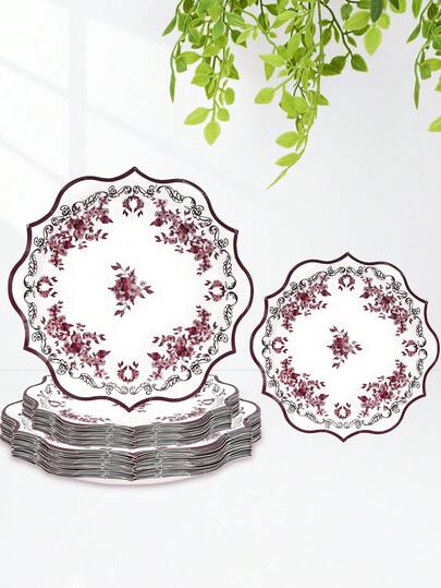 10 قطعة/20 قطعة/50 قطعة أطباق ورقية أنيقة بطبعات زهور حمراء داكنة وأوراق نباتية للحفلات والمناسبات، أطباق طعام وحلويات بحواف مموجة مقاس 7 و9 بوصة، مناسبة لحفلات عيد الميلاد والحفلات الزفاف وحفلات الشاي
