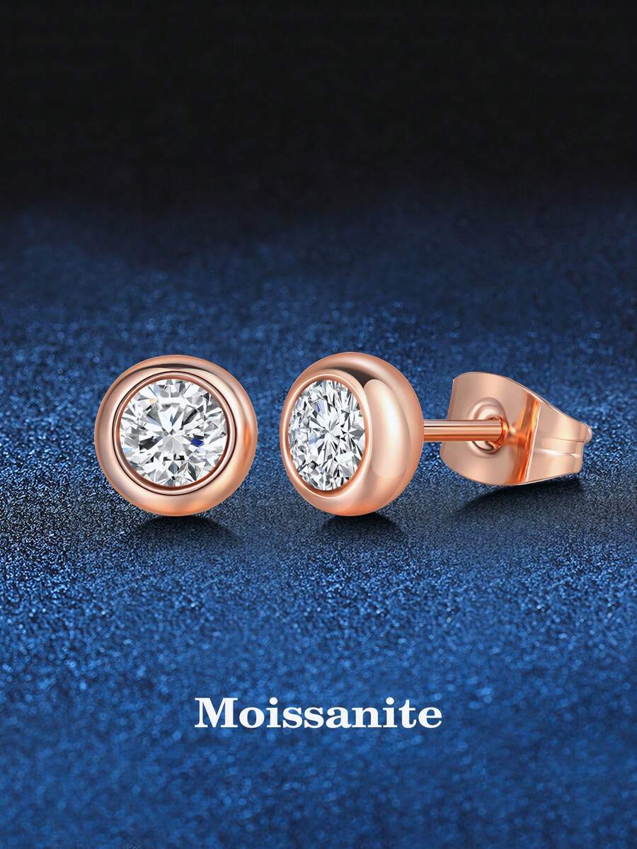 2 piezas Elegantes Pendientes de Botón de Moissanita de 0.5ct de Plata de Ley 925, Adecuados para Uso Diario de Mujeres, Regalo del Día de la Madre - Oro rosa - Ver 1