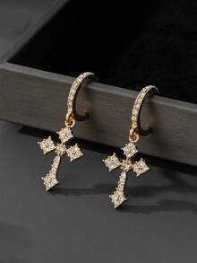 1 par de pendientes con colgante de cruz de rhinestone, diseño único adecuado para mujeres