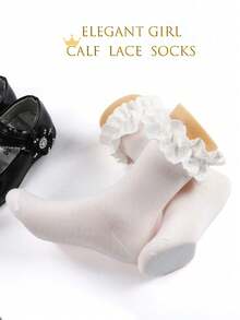 2 pares de calcetines de pantorrilla con ribete de encaje; calcetines de media pantorrilla simples y cómodos para niñas con estilo de princesa elegante; adecuados para combinar con zapatos tipo Mary Janes. Talla para edades de 3 a 12 años.