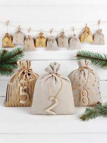 24pcs Numbered Burlap Gift Bags + Wooden Hanging Ornaments Advent Calendar Set - Reusable Holiday Decor & Gift Bags, Christmas Gifts