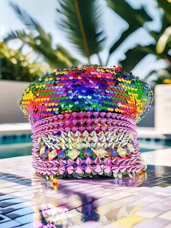 HongLuan 1pc Shiny Polyester Steampunk Rhinestone Captain Hat For Women & Men, Military Cap, Pirate Hat, Suitable For Halloween, Cosplay, Christmas, Bar, Bachelorette Party