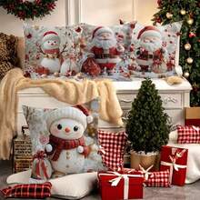 4 piezas Fundas de cojín con estampado de muñeco de nieve y Papá Noel, estilo contemporáneo, de poliéster con cierre de cremallera, lavables a máquina, funda de cojín suave adecuada para Navidad, invierno, granja, sofá, cama, sala de estar, decoración del hogar