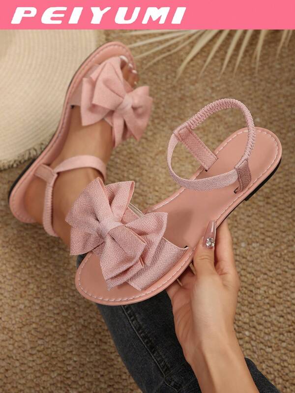 PEIYUMI Women's Sandals For Summer, Elegant Bow Decor, Comfortable Medium-Low Heel, Stretchy Elastic Design For Easy Wear, Suitable For Beach, Casual Gathering And More