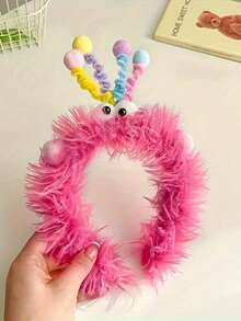 1个彩色可爱毛绒大眼扭结发箍，柔软的头饰，带有蓬松的绒球和彩色触角，适合洗脸、化妆、日常和派对造型，生日派对装饰，理想的礼物，趣味设计，柔软质地，发箍发圈，女士发带发饰头饰 - 彩色 - 查看 11