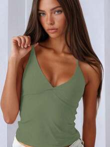 Minimalist Halter Top With V-Neck And Tie At The Neck Summer - Army Green - View 3