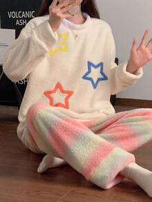 2 Stück/Set Halbfleece flauschige Pyjamas für Frauen, Rundhals Pullover Farbverlauf Sternenmuster warme Loungewear, Herbst/Winter, Herbstkleidung
