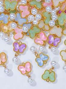 50/30/10/5pcs Gold Tone Alloy Butterfly Pendant, Elegant Green Glass Pendant With Pearl Decor, Suitable For Necklaces, Bracelets, Earrings And Craft Decorations, Beautiful Gift Idea, Jewelry Making Supplies - Butterfly - View 4