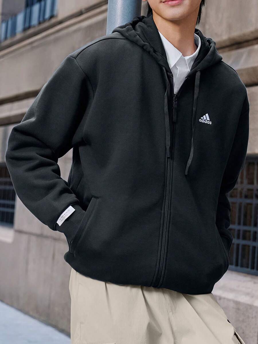 Adidas 男式抽绳连帽拉链保暖内衬休闲运动夹克，黑色 - 黑色 - 查看 1