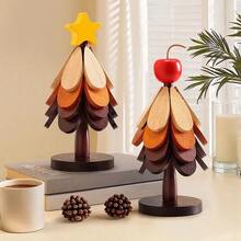 A Set Of 5pcs Wooden Christmas Tree Coasters, Heat-Resistant, Foldable, And Decorative For Kitchen And Dining Use, Perfect For Holiday Table Settings, Christmas Table Decorations - Multicolor - View 5