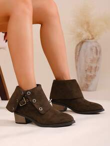 2025 Nuevas botas cortas de tacón grueso y punta afilada para mujer, de estilo occidental vaquero, con diseño plegable, de mediados de pantorrilla y medianos tacones, suela y tacón gruesos con decoración de hebilla, para otoño/invierno, tallas grandes