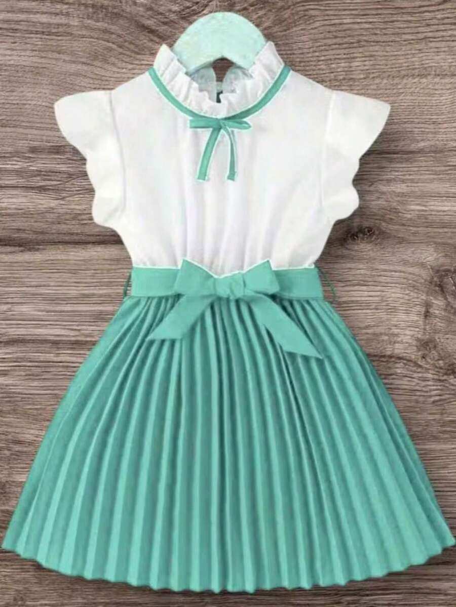 Children's Pleated Dress For Church Events, Ages 2 To 14 - Green - View 1