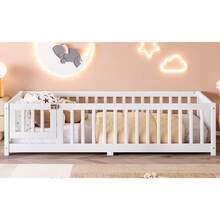TWIN /FULL /QUEEN SIZE TODDLER BED, CRIB, GIRLS BED, RUBBER WOOD CHILDREN'S FLOOR BED WITH GUARDRAILS, BABY FURNITURE, MONTESSORI FLOOR BED, SUITABLE FOR GIRLS AND BOYS - 白色 - 查看 5