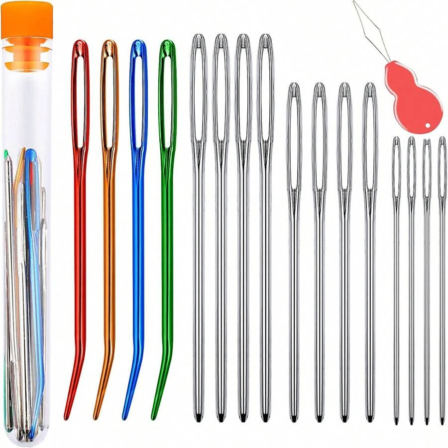 16pcs/Set 12pcs Stainless Steel Needles + 4pcs Colored Crochet Hooks With Storage Box And Threader, For Sewing, Crocheting, DIY Knitting (All Styles And Colors Random) - Multicolor - View 1