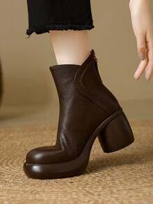 Casual Western Style Side Zipper French Retro Ankle Boots, Waterproof Platform Thick Heel Short Boots For Women, Autumn/Winter, Chunky Soft Bottom Ankle Boots