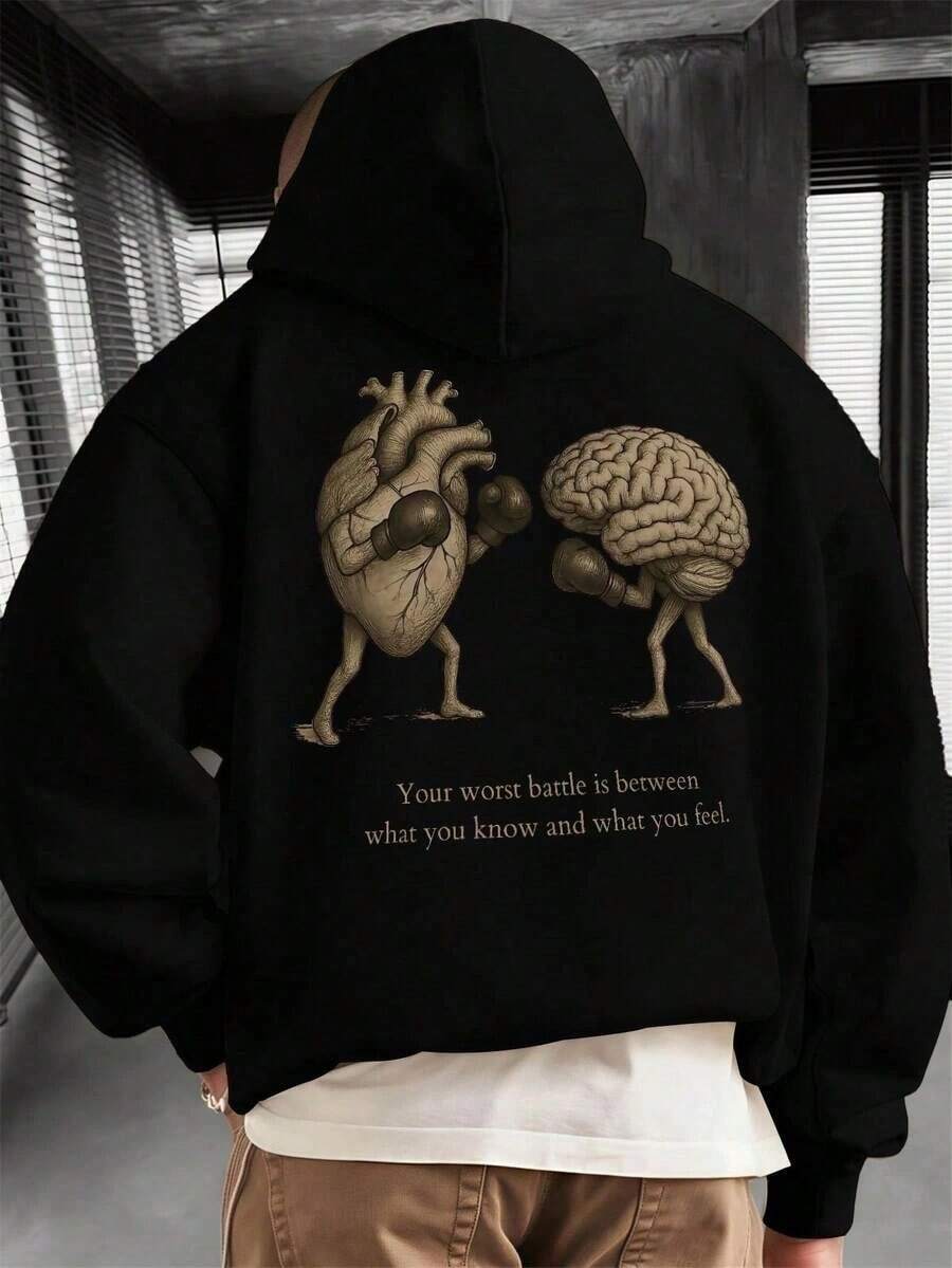 "Mind Vs Heart" Boxing Graphic Hoodie | Vintage Surrealism Streetwear Sweatshirt - 黑色 - 查看 1