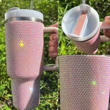 1pcs  40 Oz Tumbler With Handle And Straw Lid, Studded Bling Diamond Tumbler, Stainless Steel Insulated Water Cup, Double Wall Travel Mug Fix For Car Cup Holder For Women - 粉色 - 查看 2