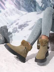 Damen Mode Stiefel, warme, rutschfeste Nieten Mittelschaft Schwarz/Braun Knöchel Stiefel, Schnürstiefel mit flachem Absatz, Damen Schneestiefel für den Winter - Khaki - Übersicht 4