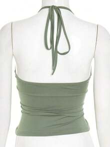 Minimalist Halter Top With V-Neck And Tie At The Neck Summer - Army Green - View 6