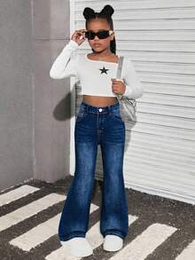 Tween Girl's Elegant Dark Wash Flare Leg Jeans, Classic High Stretch Waistband Adjustable Skinny Fit Mid-Rise Flared Denim Pants, Versatile For All Seasons - Dark Wash - View 13