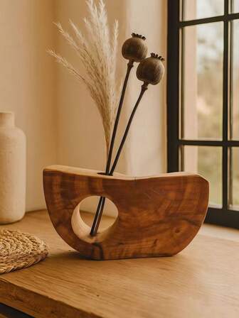 1个北欧风格仿木空心雕塑装饰花瓶，创意弧形桌面摆件，适用于客厅/玄关/卧室/书房，适合插干花、仿真树枝和芦苇草。